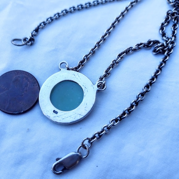 Sterling Silver Circle Pendant with Light Green Resin Center on Chunky 16" Chain - Picture 3 of 3